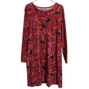 Gudren Sjoden Womens Size Large Dress Long Sleeve Floral Red Lagenlook Boho